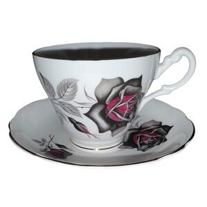 Vintage Royal Ascot Bone China Black & Red Rose Masquerade Tea Cup & Saucer+Gold